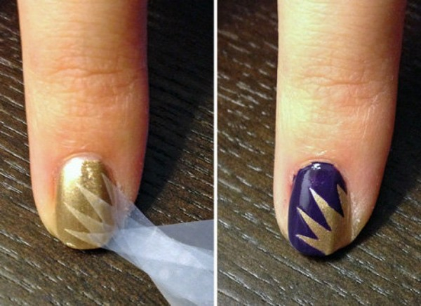 purple and gold nail design made from scotch tape