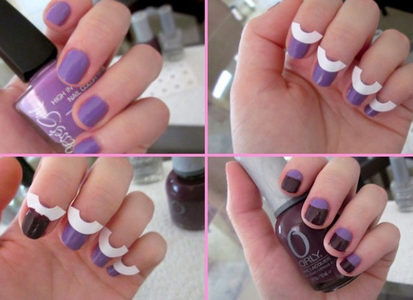 half burgundy half purple nails with sticker dividing the two colors