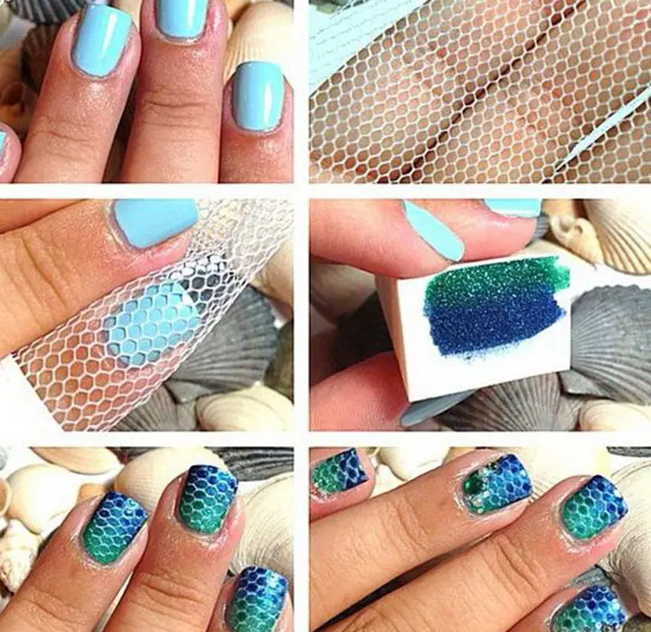 blue and green fishnet nail design with sponge