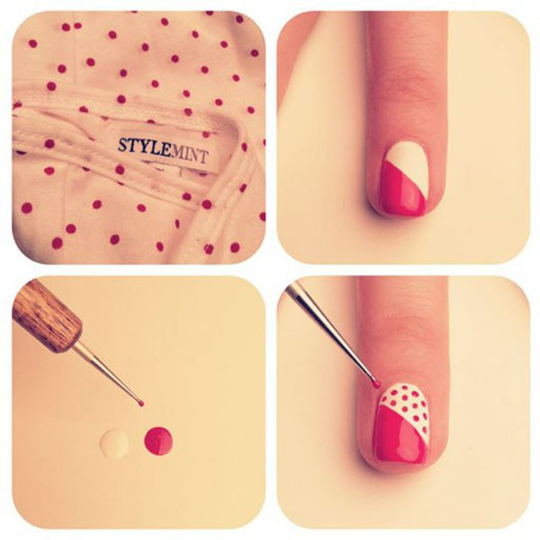 red and white diagonal nail polish with red polk dots